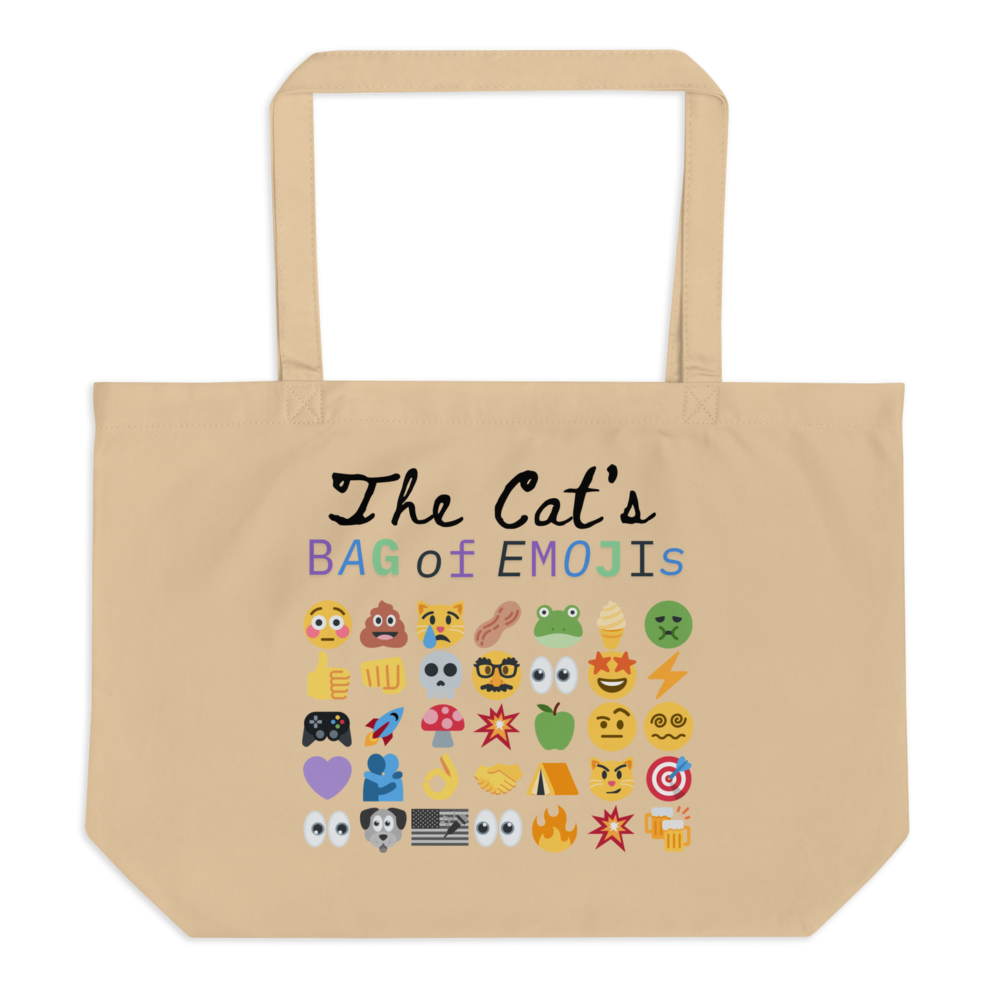 Back view of Roaring Kitty Emoji Timeline Tote in tan – large organic $GME meme bag with dual-sided emoji print