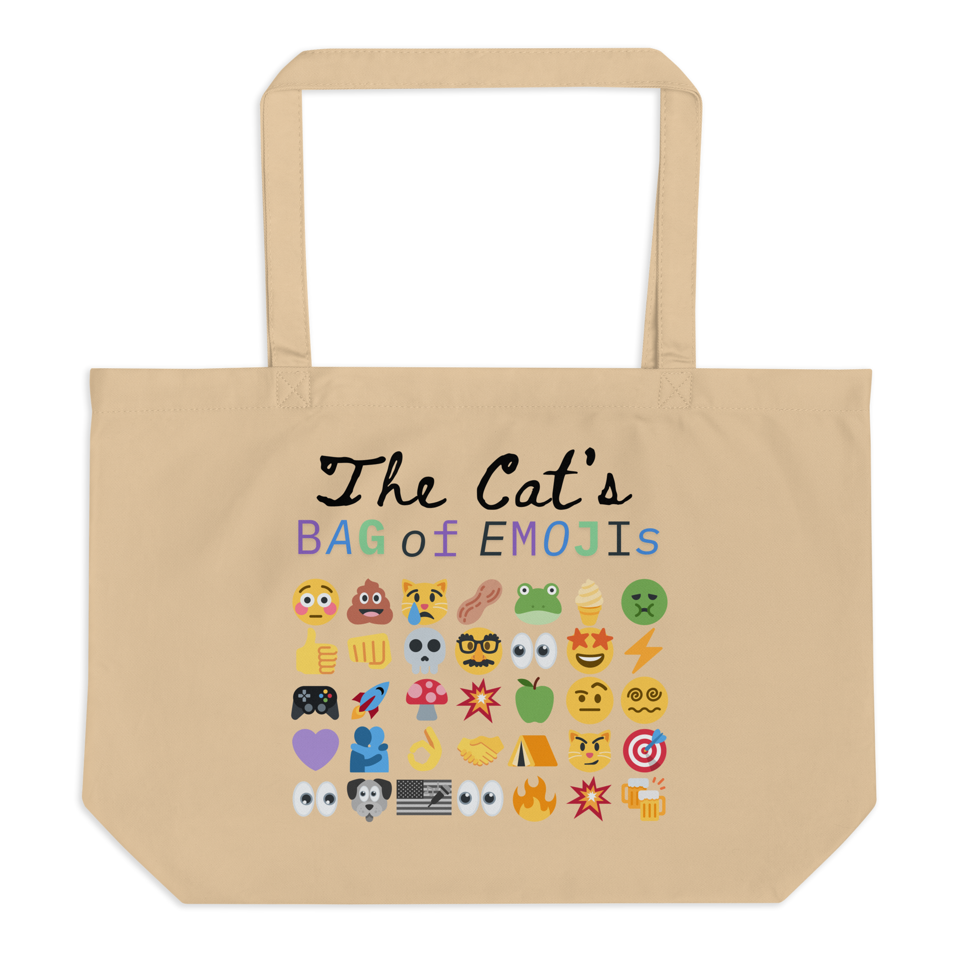 Back view of Roaring Kitty Emoji Timeline Tote in tan – large organic $GME meme bag with dual-sided emoji print