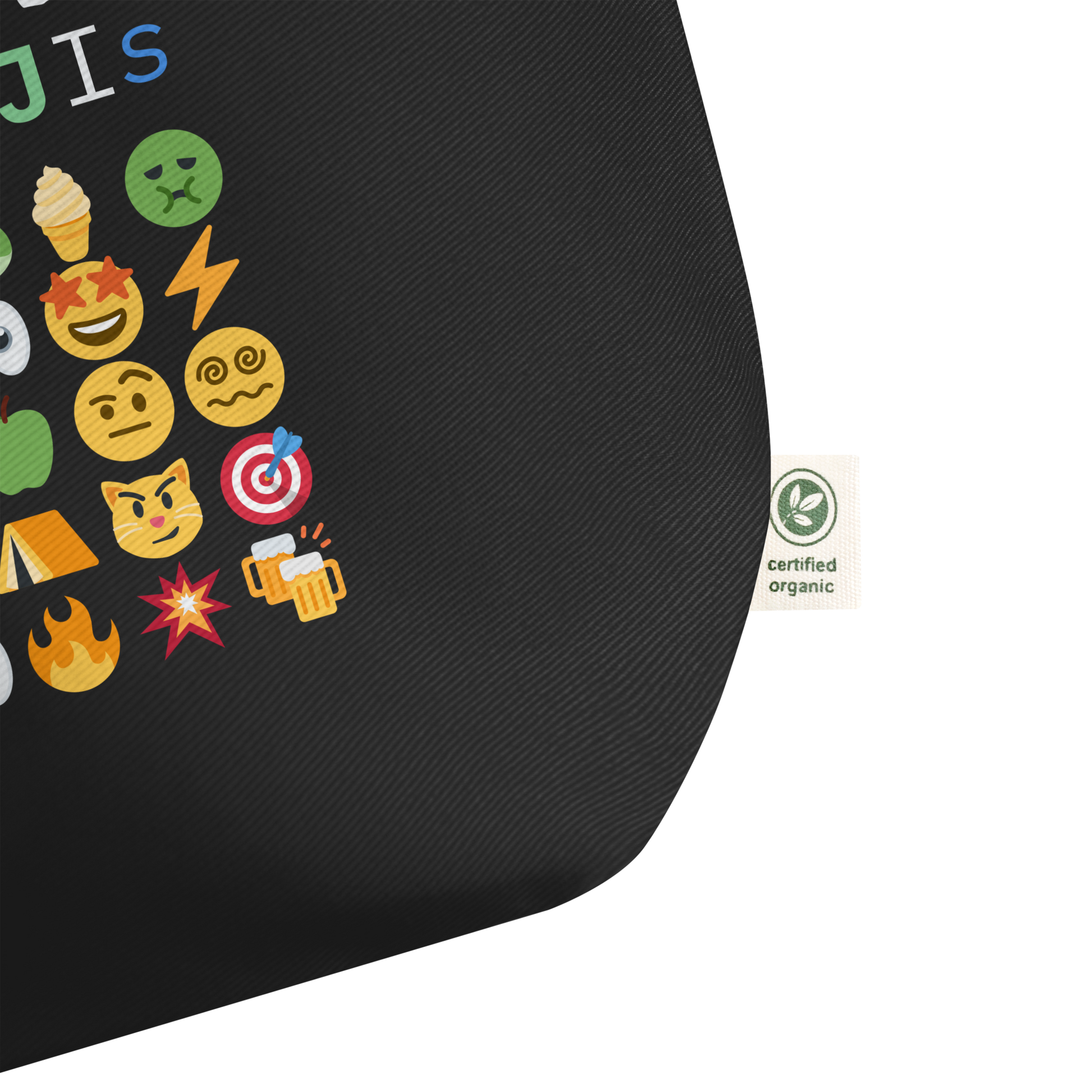 Close up of Roaring Kitty Emoji Timeline Tote in black – dual-sided $GME meme bag on organic cotton
