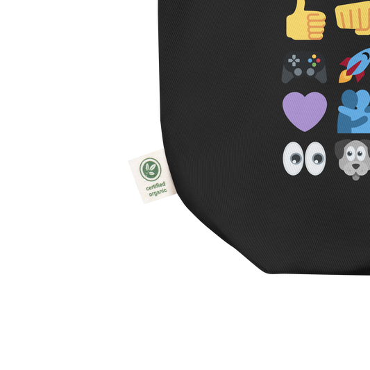 Front view of Roaring Kitty Emoji Timeline Tote in black – high-res $GME meme bag on organic cotton