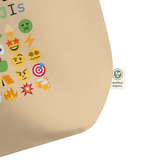 Close up Tan $GME Roaring Kitty tote with viral emoji timeline – large size organic cotton bag, front view