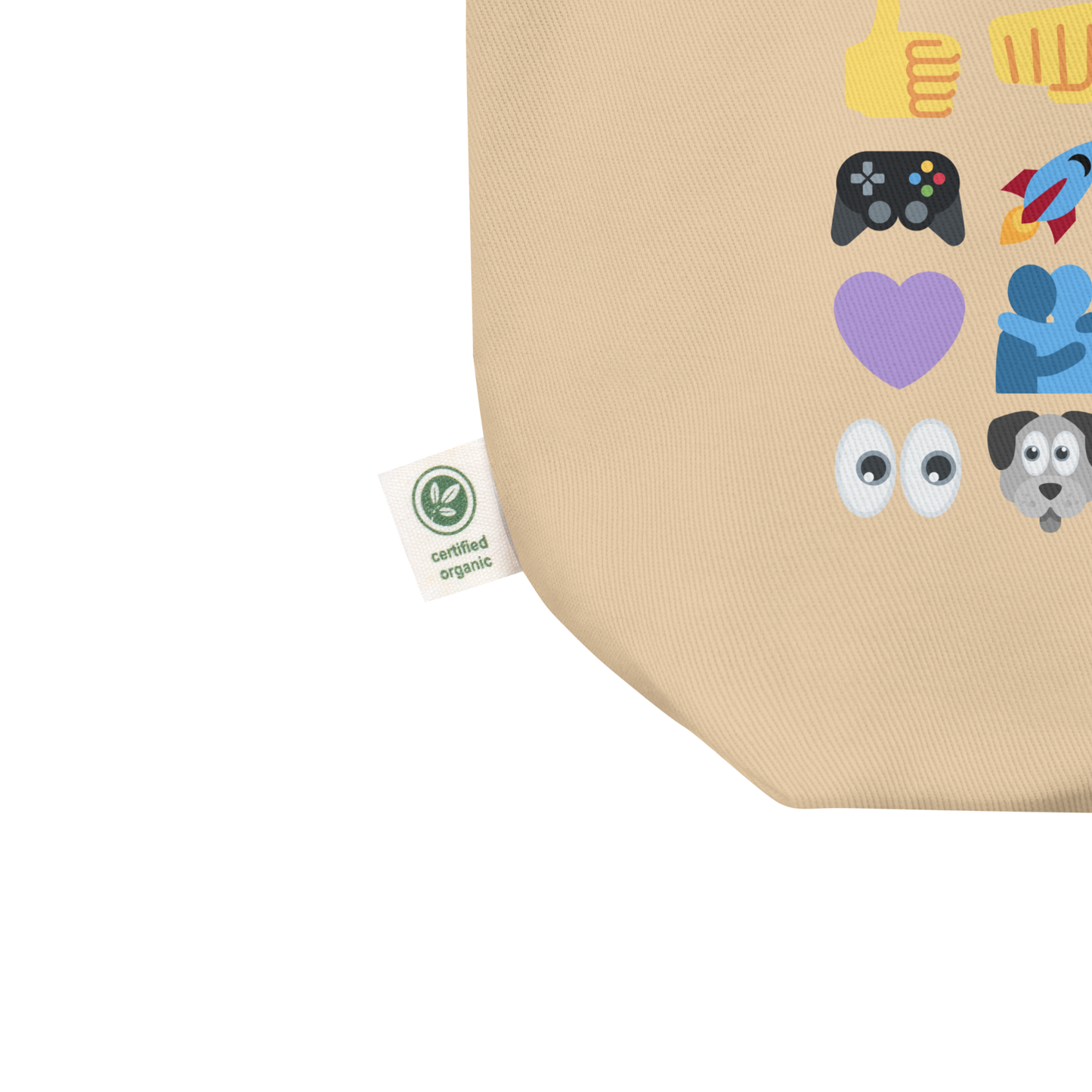 Close up of Roaring Kitty Emoji Timeline Tote in tan – dual-sided $GME meme bag on organic cotton