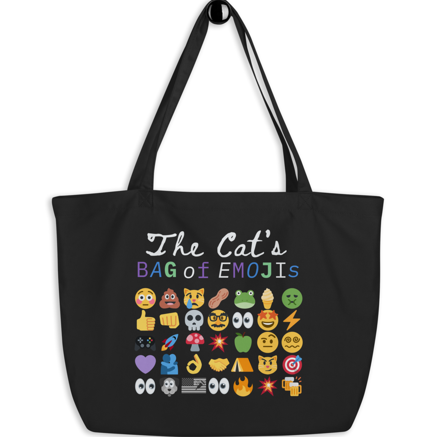 Front view of Roaring Kitty Emoji Timeline Tote in black – dual-sided $GME meme bag on organic cotton