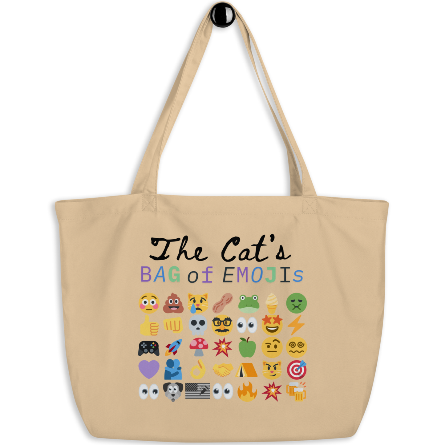 Front view of Roaring Kitty Emoji Timeline Tote in tan – large organic $GME meme bag with dual-sided emoji print