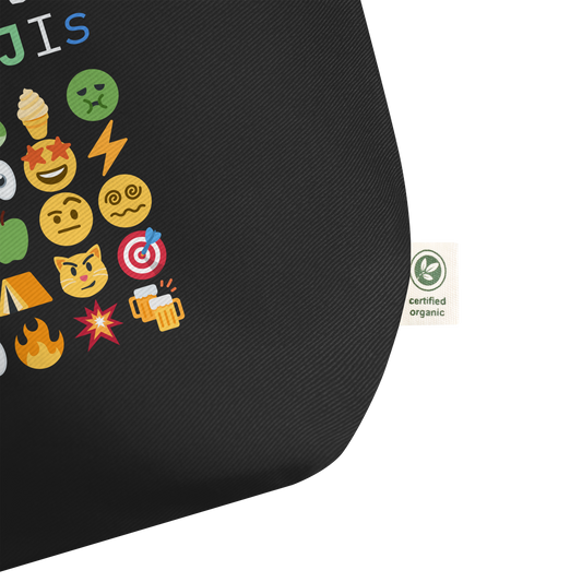 Close up of Roaring Kitty Emoji Timeline Tote in black – dual-sided $GME meme bag on organic cotton