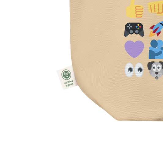 Close up of Roaring Kitty Emoji Timeline Tote in tan – dual-sided $GME meme bag on organic cotton