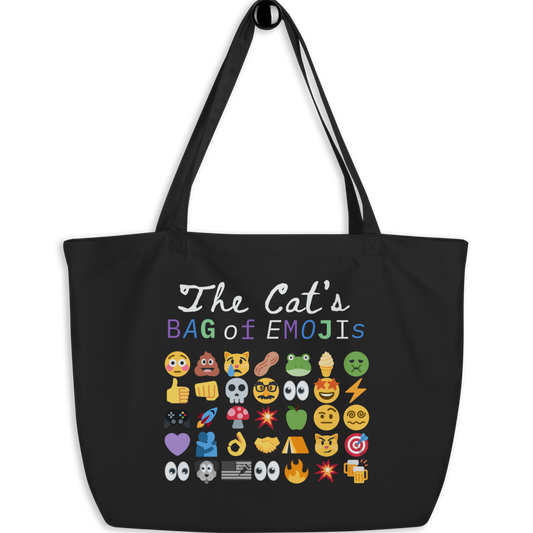 Front view of Roaring Kitty Emoji Timeline Tote in black – dual-sided $GME meme bag on organic cotton